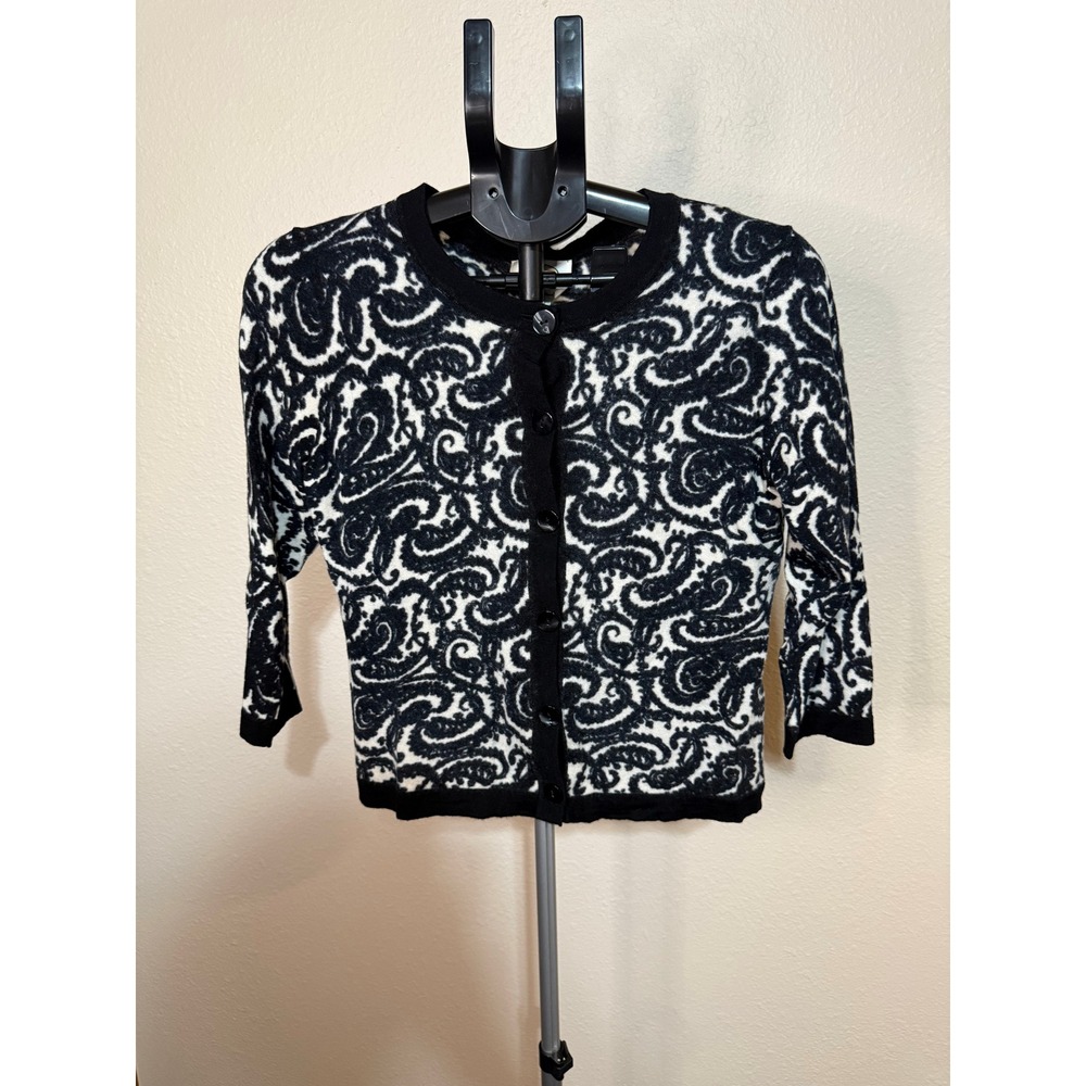 Talbots 100% Merino Wool Paisley Cardigan Sweater Black Ivory Large 3/4 Sleeve